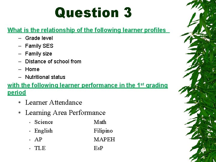 Question 3 What is the relationship of the following learner profiles – – –