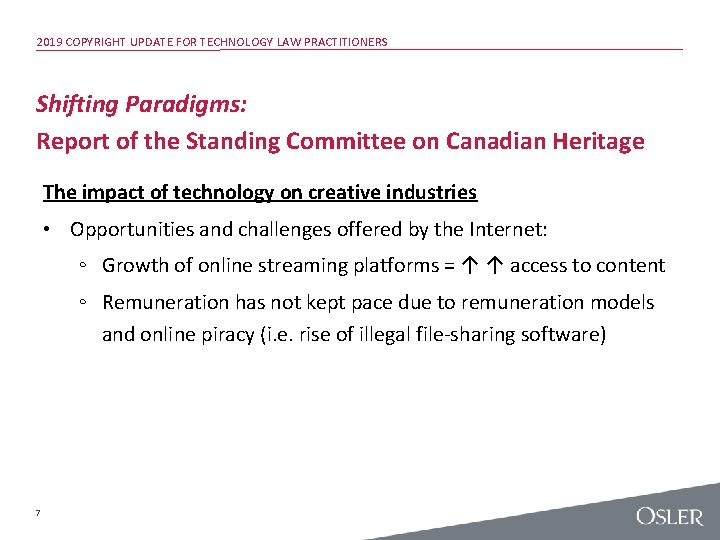 2019 COPYRIGHT UPDATE FOR TECHNOLOGY LAW PRACTITIONERS Shifting Paradigms: Report of the Standing Committee