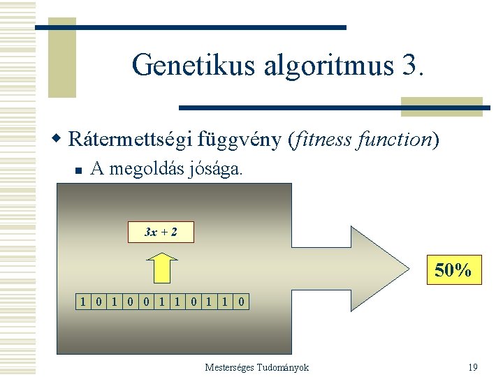 Genetikus algoritmus 3. w Rátermettségi függvény (fitness function) n A megoldás jósága. 3 x