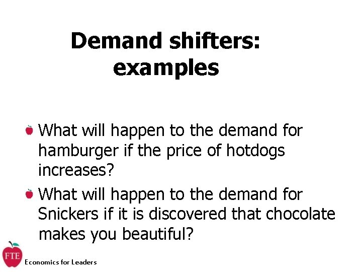 Demand shifters: examples What will happen to the demand for hamburger if the price