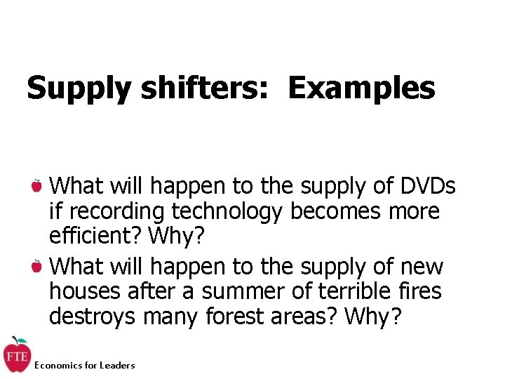 Supply shifters: Examples What will happen to the supply of DVDs if recording technology