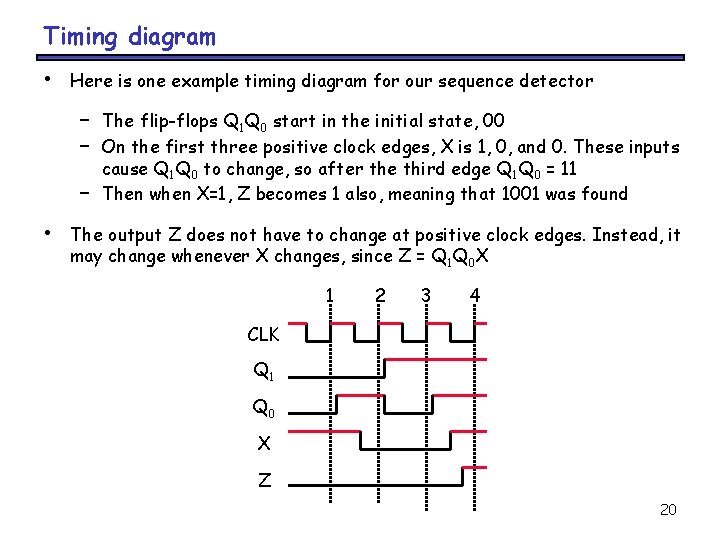 Timing diagram • Here is one example timing diagram for our sequence detector –