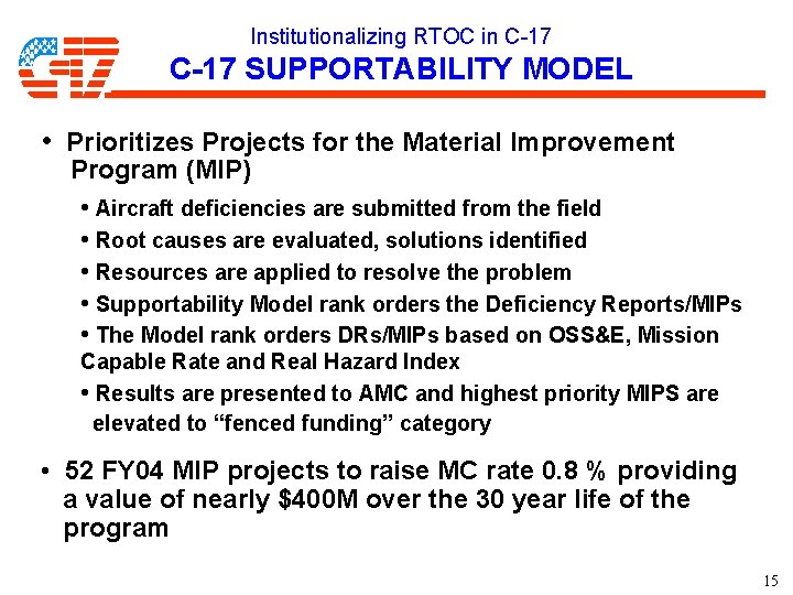 Institutionalizing RTOC in C-17 SUPPORTABILITY MODEL • Prioritizes Projects for the Material Improvement Program Institutionalizing RTOC in C-17 SUPPORTABILITY MODEL • Prioritizes Projects for the Material Improvement Program