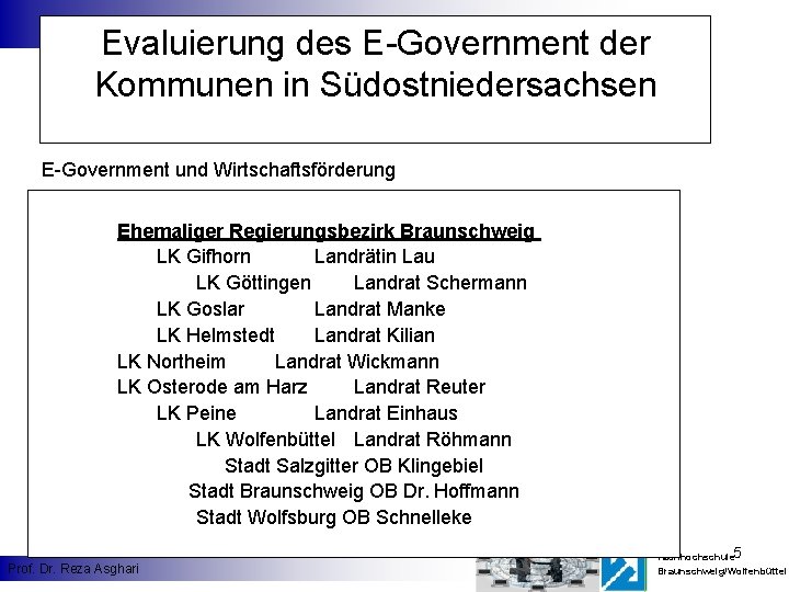 Evaluierung des E-Government der Kommunen in Südostniedersachsen E-Government und Wirtschaftsförderung Ehemaliger Regierungsbezirk Braunschweig LK