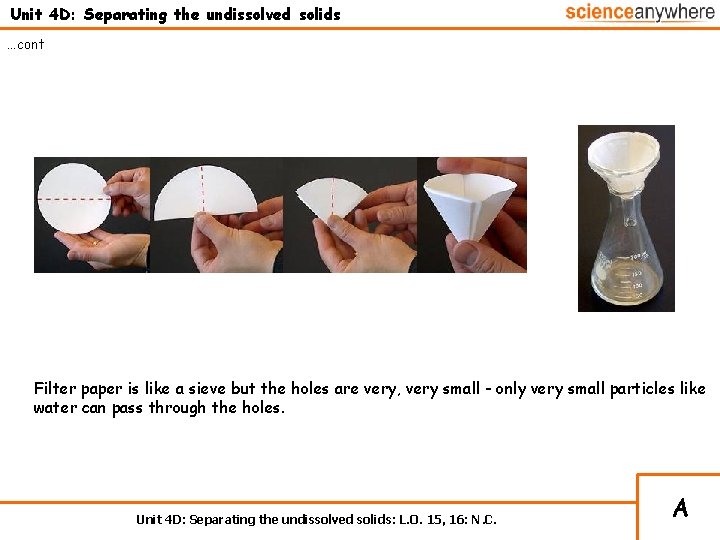 Unit 4 D: Separating the undissolved solids …cont Filter paper is like a sieve