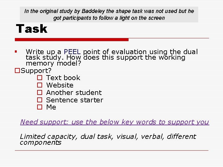 In the original study by Baddeley the shape task was not used but he