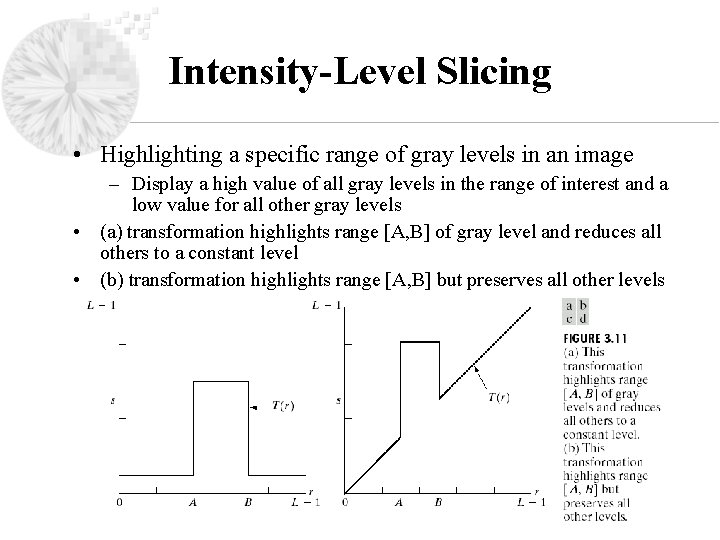 Intensity-Level Slicing • Highlighting a specific range of gray levels in an image –