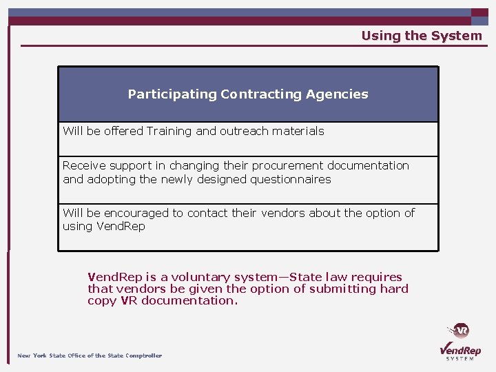 Using the System Participating Contracting Agencies Will be offered Training and outreach materials Receive