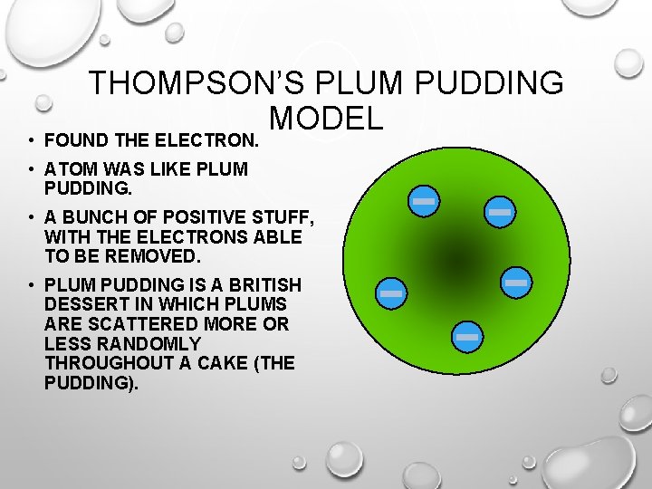 THOMPSON’S PLUM PUDDING MODEL • FOUND THE ELECTRON. • ATOM WAS LIKE PLUM PUDDING.