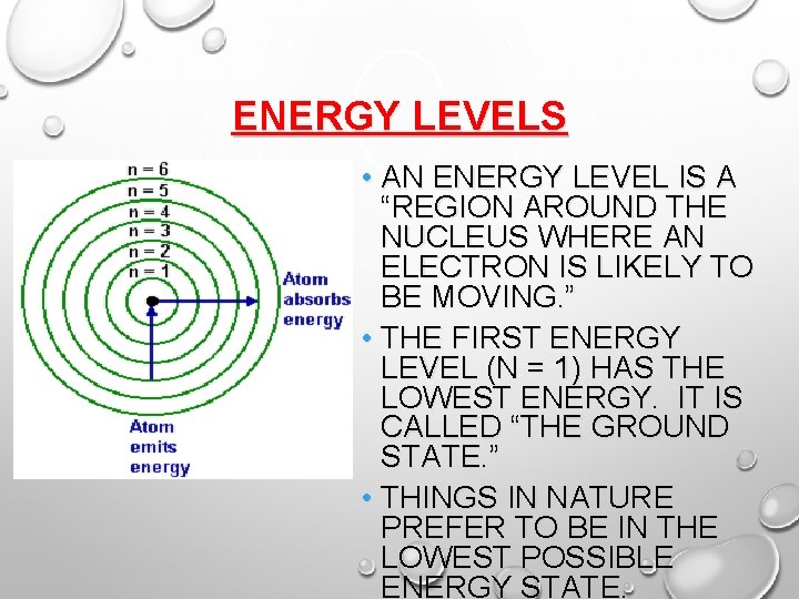 ENERGY LEVELS • AN ENERGY LEVEL IS A “REGION AROUND THE NUCLEUS WHERE AN
