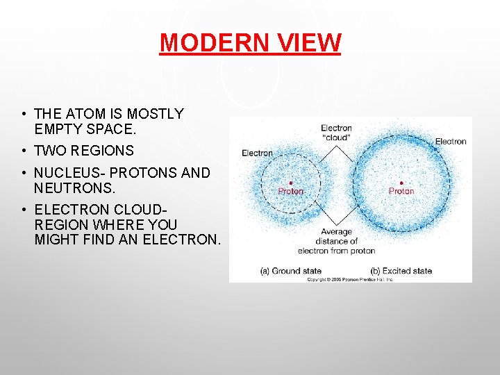 MODERN VIEW • THE ATOM IS MOSTLY EMPTY SPACE. • TWO REGIONS • NUCLEUS-