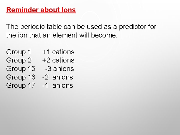 Reminder about Ions The periodic table can be used as a predictor for the