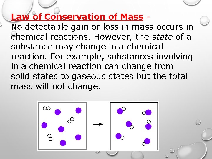 Law of Conservation of Mass No detectable gain or loss in mass occurs in
