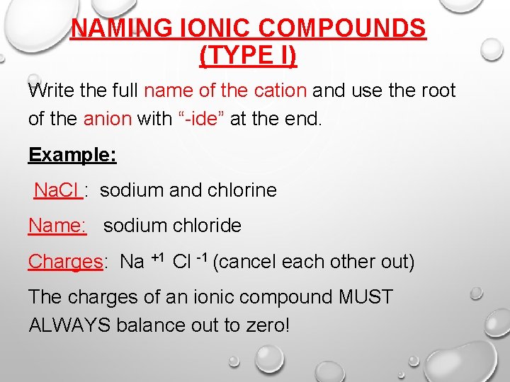 NAMING IONIC COMPOUNDS (TYPE I) Write the full name of the cation and use