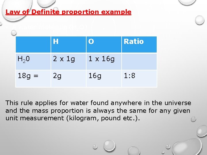Law of Definite proportion example: • A water molecule (H 2 O) H O