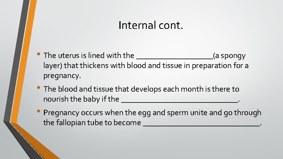 Internal cont. • The uterus is lined with the __________(a spongy layer) that thickens