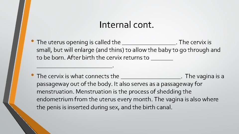 Internal cont. • The uterus opening is called the _________. The cervix is small,