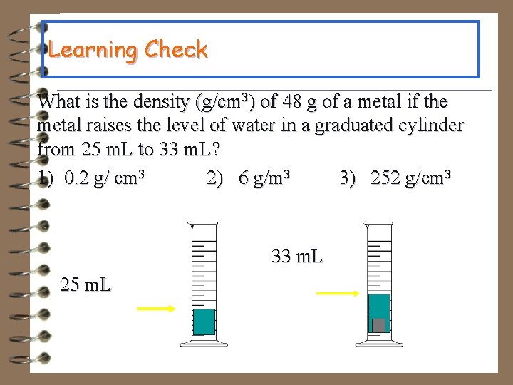 Learning Check What is the density (g/cm 3) of 48 g of a metal