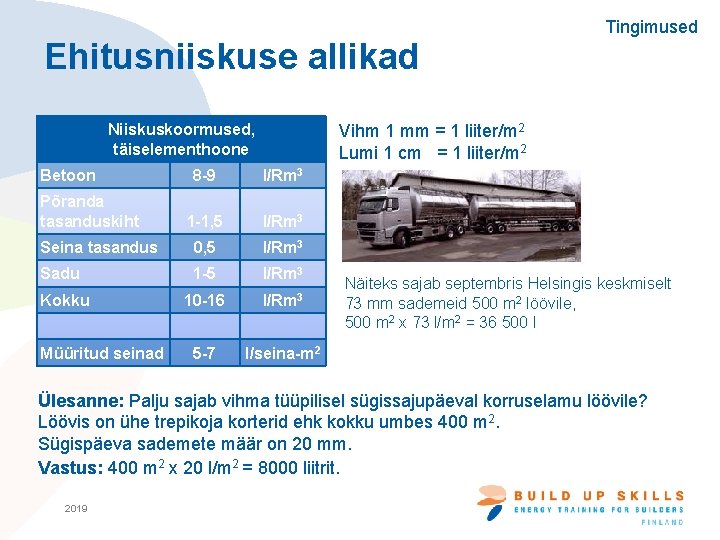 Tingimused Ehitusniiskuse allikad Niiskuskoormused, täiselementhoone Betoon Vihm 1 mm = 1 liiter/m 2 Lumi