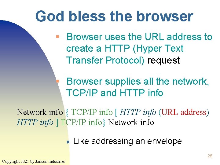 God bless the browser § Browser uses the URL address to create a HTTP