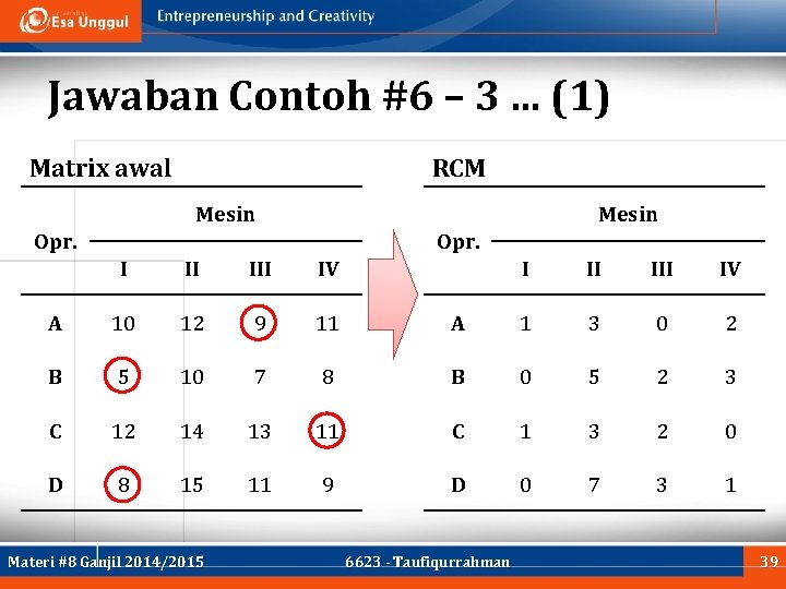 Jawaban Contoh #6 – 3. . . (1) Matrix awal RCM Mesin Opr. I