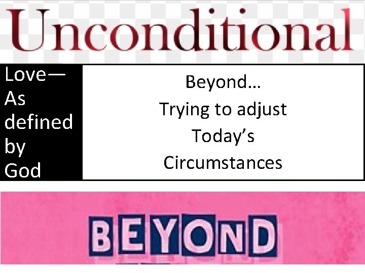 Love— As defined by God Beyond… Trying to adjust Today’s Circumstances 