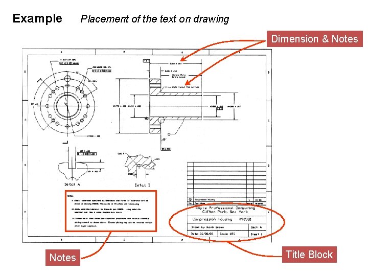 Example Placement of the text on drawing Dimension & Notes Title Block 