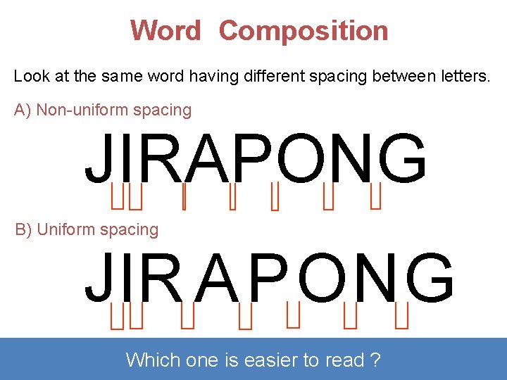 Word Composition Look at the same word having different spacing between letters. A) Non-uniform