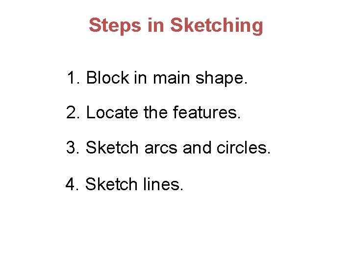 Steps in Sketching 1. Block in main shape. 2. Locate the features. 3. Sketch