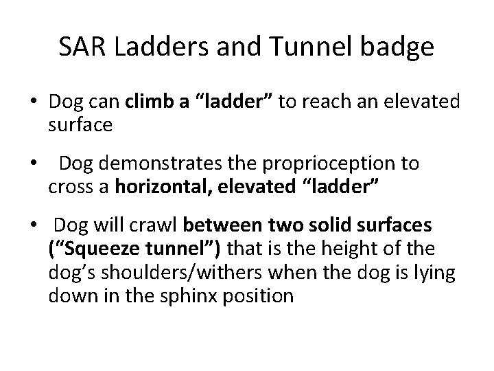 SAR Ladders and Tunnel badge • Dog can climb a “ladder” to reach an