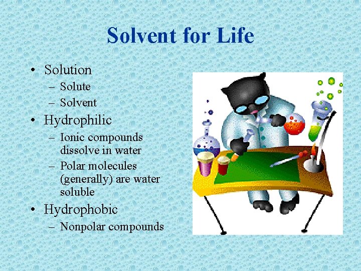 Solvent for Life • Solution – Solute – Solvent • Hydrophilic – Ionic compounds