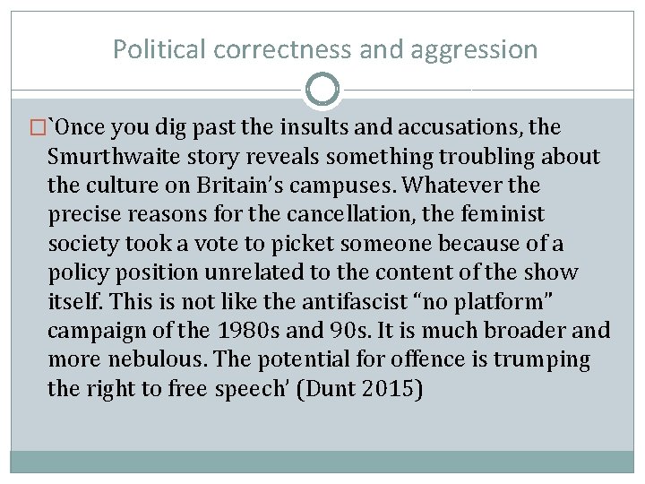 Political correctness and aggression �`Once you dig past the insults and accusations, the Smurthwaite