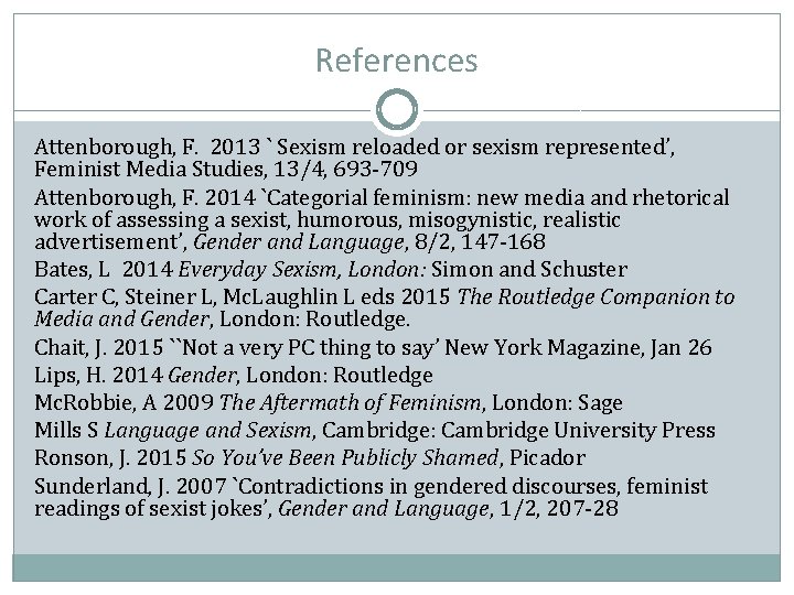 References Attenborough, F. 2013 ` Sexism reloaded or sexism represented’, Feminist Media Studies, 13/4,