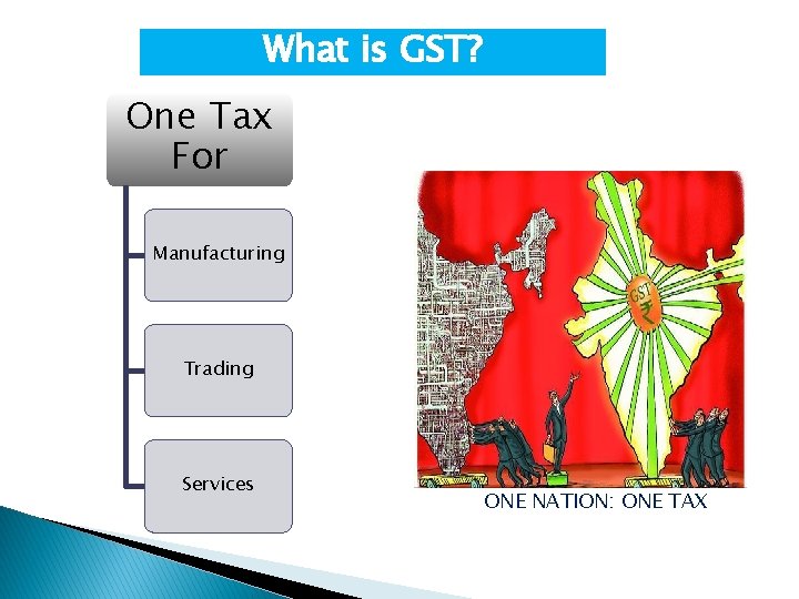 What is GST? One Tax For Manufacturing Trading Services ONE NATION: ONE TAX 