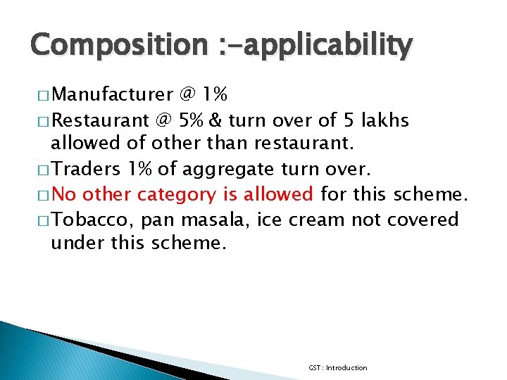 Composition : -applicability � Manufacturer @ 1% � Restaurant @ 5% & turn over