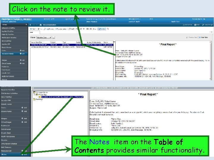 Click on the note to review it. The Notes item on the Table of