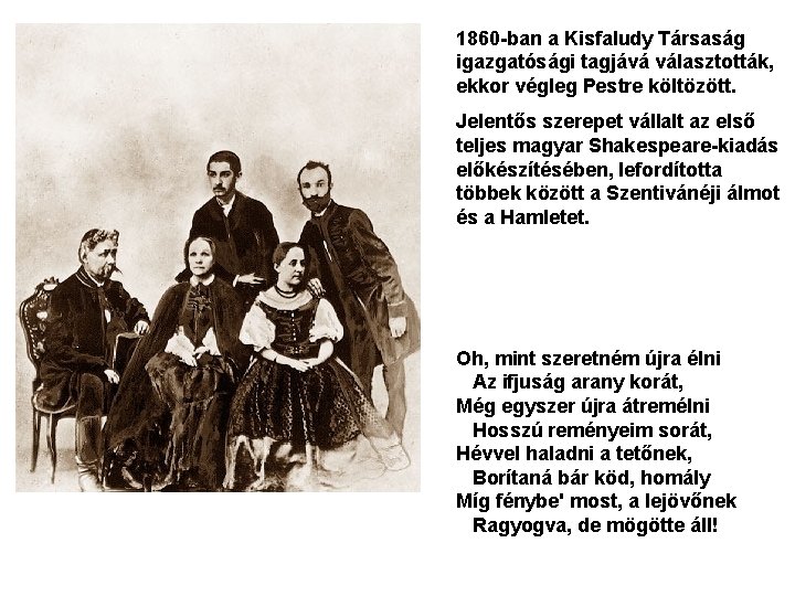 1860 -ban a Kisfaludy Társaság igazgatósági tagjává választották, ekkor végleg Pestre költözött. Jelentős szerepet