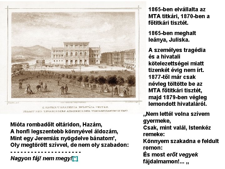 1865 -ben elvállalta az MTA titkári, 1870 -ben a főtitkári tisztét. 1865 -ben meghalt