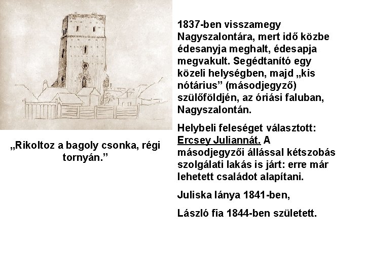 1837 -ben visszamegy Nagyszalontára, mert idő közbe édesanyja meghalt, édesapja megvakult. Segédtanító egy közeli