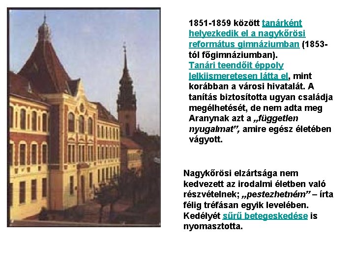 1851 -1859 között tanárként helyezkedik el a nagykőrösi református gimnáziumban (1853 tól főgimnáziumban). Tanári