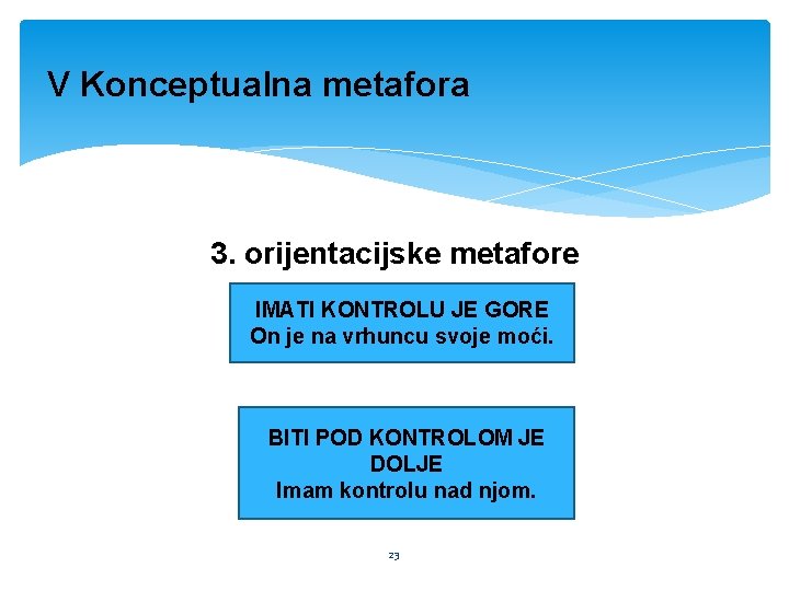 V Konceptualna metafora 3. orijentacijske metafore IMATI KONTROLU JE GORE On je na vrhuncu