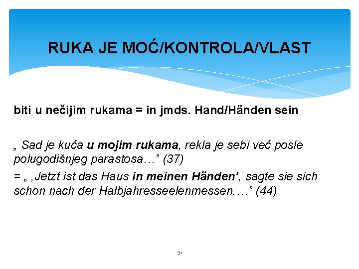 RUKA JE MOĆ/KONTROLA/VLAST biti u nečijim rukama = in jmds. Hand/Händen sein „ Sad