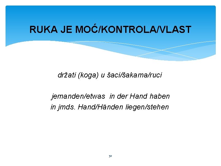 RUKA JE MOĆ/KONTROLA/VLAST držati (koga) u šaci/šakama/ruci jemanden/etwas in der Hand haben in jmds.