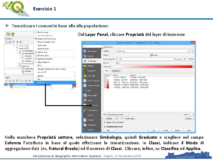 Esercizio 1 Ø Tematizzare i comuni in base alla popolazione; Dal Layer Panel, cliccare