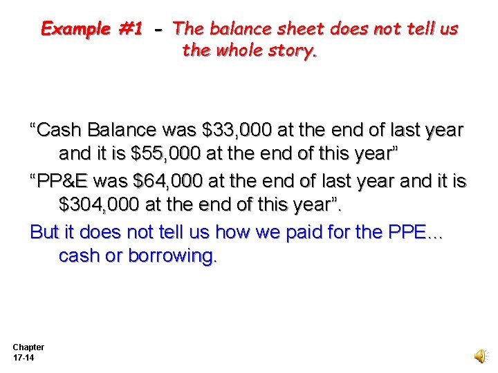 Example #1 - The balance sheet does not tell us the whole story. “Cash