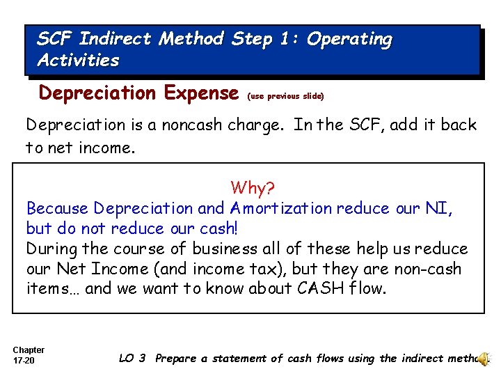 SCF Indirect Method Activities Step 1: Operating Activities Depreciation Expense (use previous slide) Depreciation
