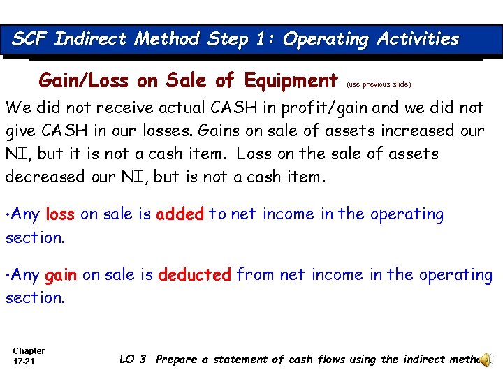 SCF Indirect Method Step 1: Operating Activities Gain/Loss on Sale of Equipment (use previous