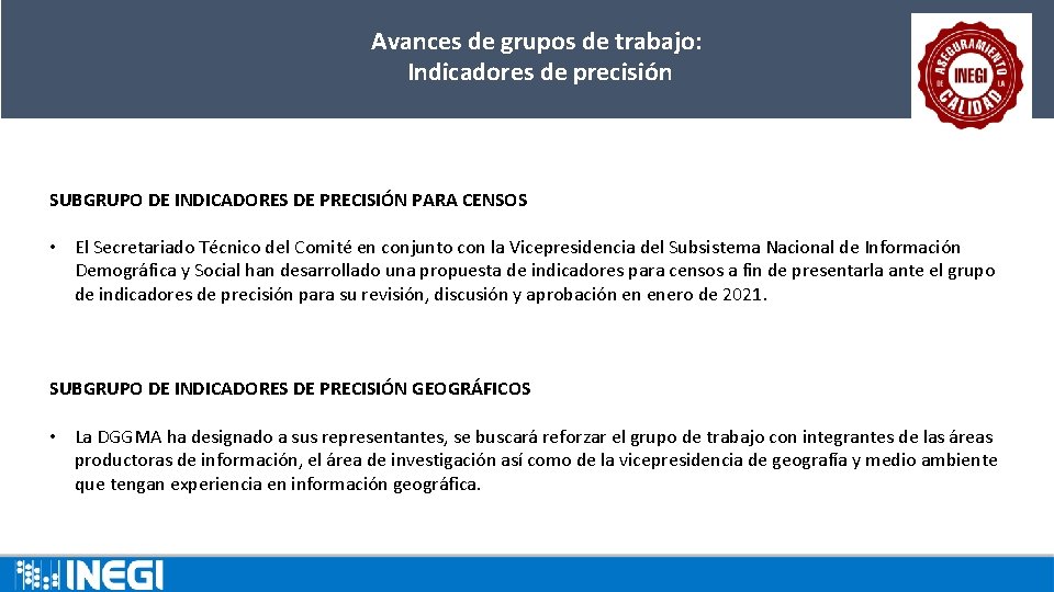 Avances de grupos de trabajo: Indicadores de precisión SUBGRUPO DE INDICADORES DE PRECISIÓN PARA