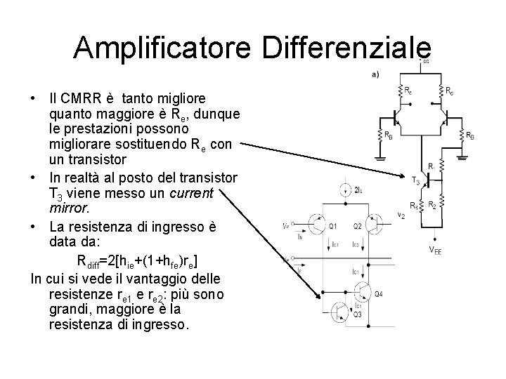 Amplificatore Differenziale • Il CMRR è tanto migliore quanto maggiore è Re, dunque le