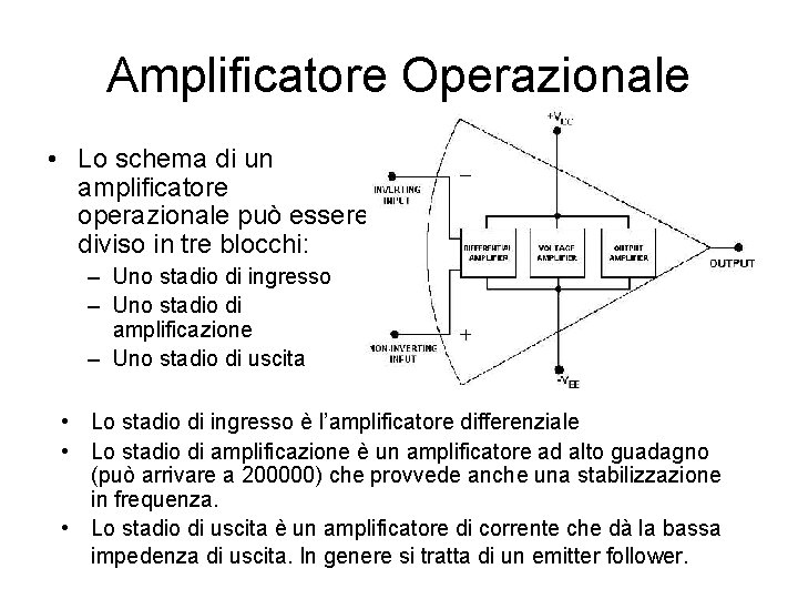 Amplificatore Operazionale • Lo schema di un amplificatore operazionale può essere diviso in tre